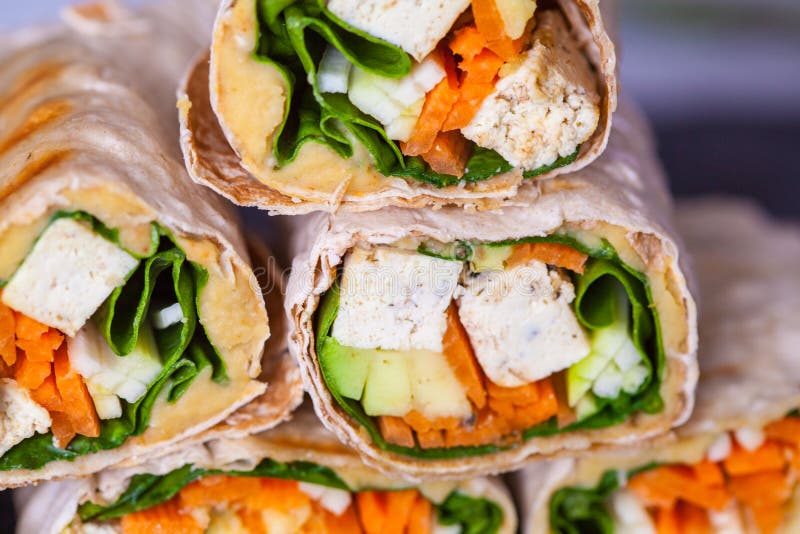 Healthy Vegan Tofu Tortilla Wraps with Tofu and Vegetables Stock Image