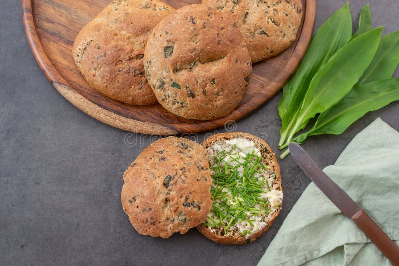 Healthy Whole Grain Buns with Wild Garlic Stock Image Image of grain