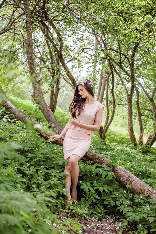Healthy woman outdoors. Beauty girl female model brunette wearing flowers wreath in spring blossom garden royalty free stock image Healthy woman outdoors. Beauty girl female model brunette wearing flowers wreath in spring blossom garden royalty free stock image