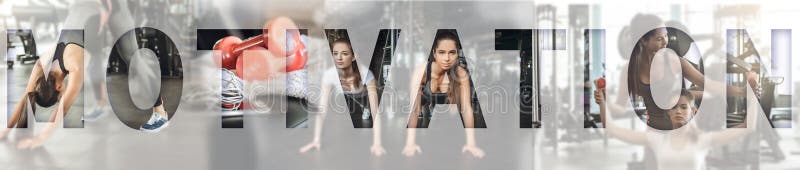 Healthy women. Collage of young sporty girls working out together at gym with an overlay of the word MOTIVATION