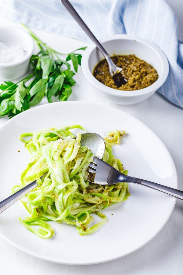 Healthy Zucchini Noddles with Pesto Stock Image Image of dinner