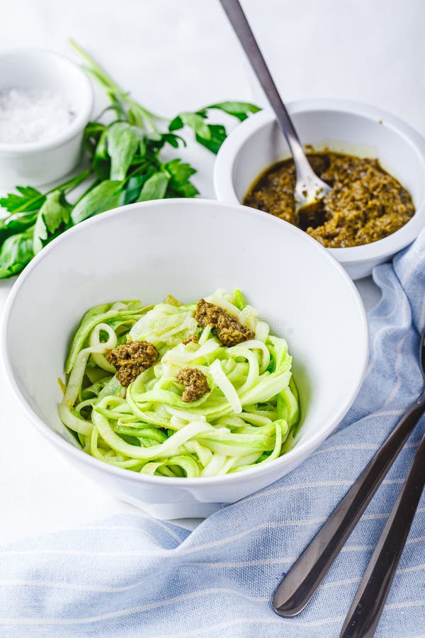 Healthy Zucchini Noddles with Pesto Stock Photo Image of pesto, dish