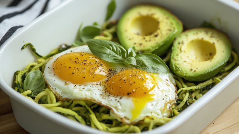Healthy Zucchini Noodle and Avocado Breakfast with Fried Eggs and Fresh ...