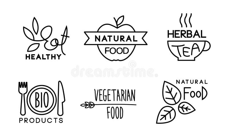 Healty, natural, vegetaran food linear logo set, healthy organic vegan food labels, restaurant, cafe bagges, bio royalty free illustration Healty, natural, vegetaran food linear logo set, healthy organic vegan food labels, restaurant, cafe bagges, bio royalty free illustration