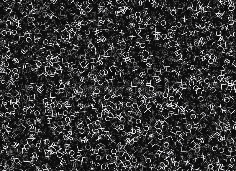 Heap of abstract flying chaotic alphabet letters stock illustration