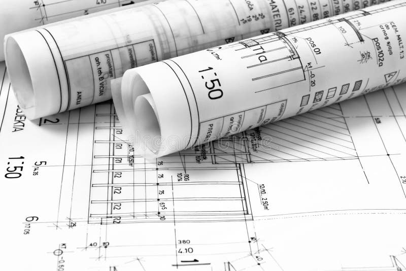 Heap of architect design and project drawings royalty free stock photography
