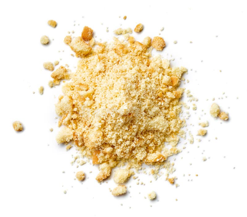 Heap of Biscuit Crumbs Isolated on White, from Above Stock Photo