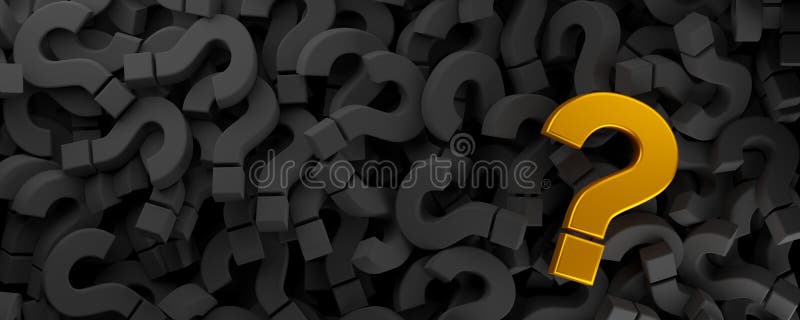 Heap of black question marks symbol with one gold question mark flat lay top view from above, question, faq or brainstorming royalty free illustration