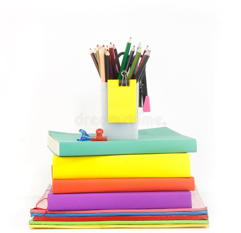Stationery Set With Book Arrange In Row,group Of Color Pencil Ag Stock