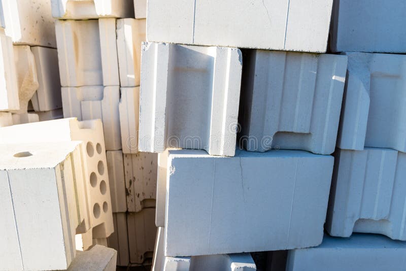 Heap of Bricks from Cellular Concrete, White Bricks, Hollow Bricks with Hollow Holes Inside