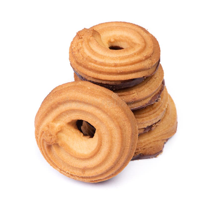 Heap of Butter Ring Cookies with Chocolate Glaze on the Back Side Stock