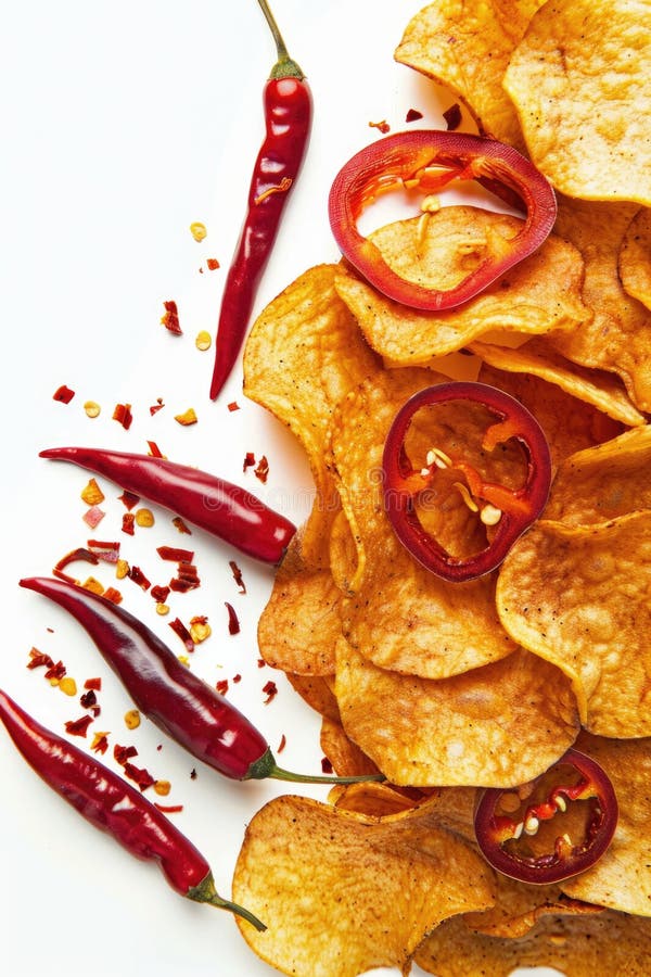 A heap of crispy tortilla chips served with spicy chilies, great for snacking or as a topping stock images