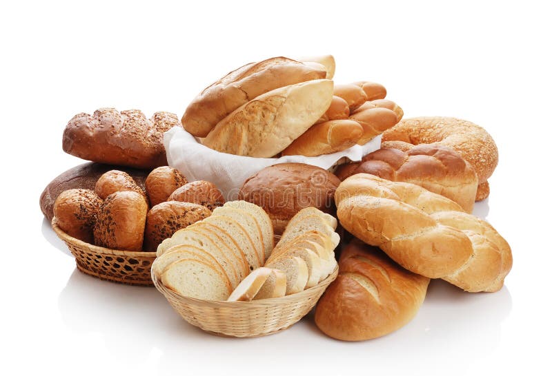 Heap of different bread on a white background