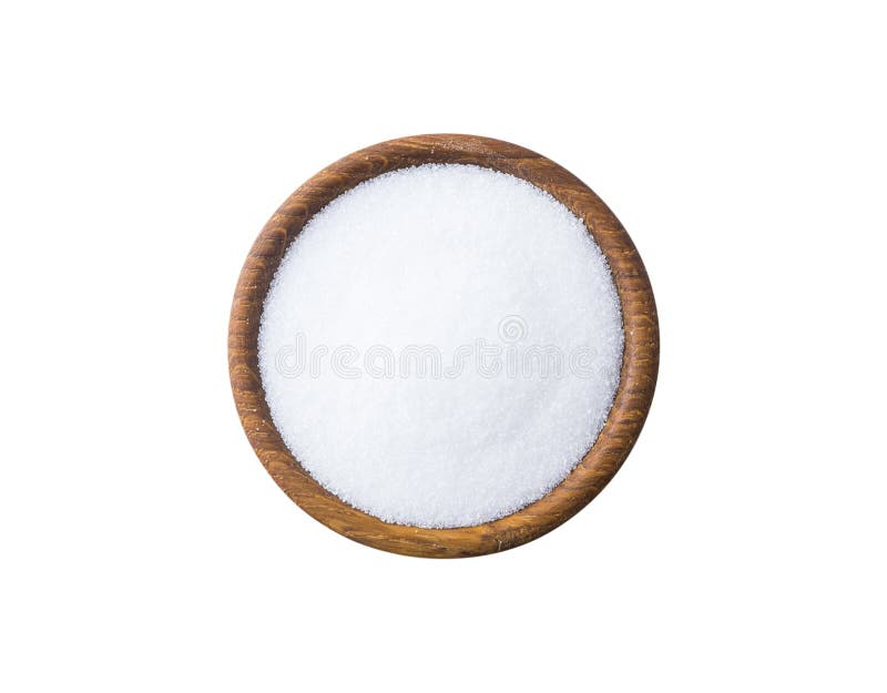 Heap of erythritol isolated on white background. Top view. Sugar substitute on white background. Wooden bowl of erythritis isolate