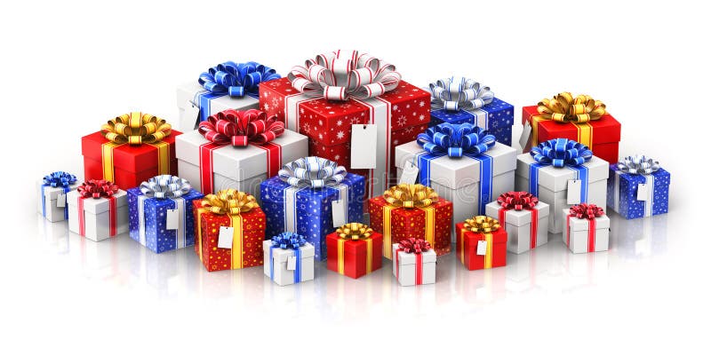 Heap of gift or present boxes with ribbon bows and label tags