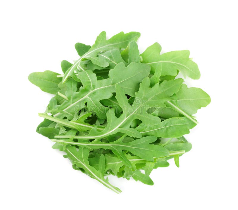 Heap of green rucola, rocket salad or arugula isolated on white background. Top view. royalty free stock image Heap of green rucola, rocket salad or arugula isolated on white background. Top view. royalty free stock image