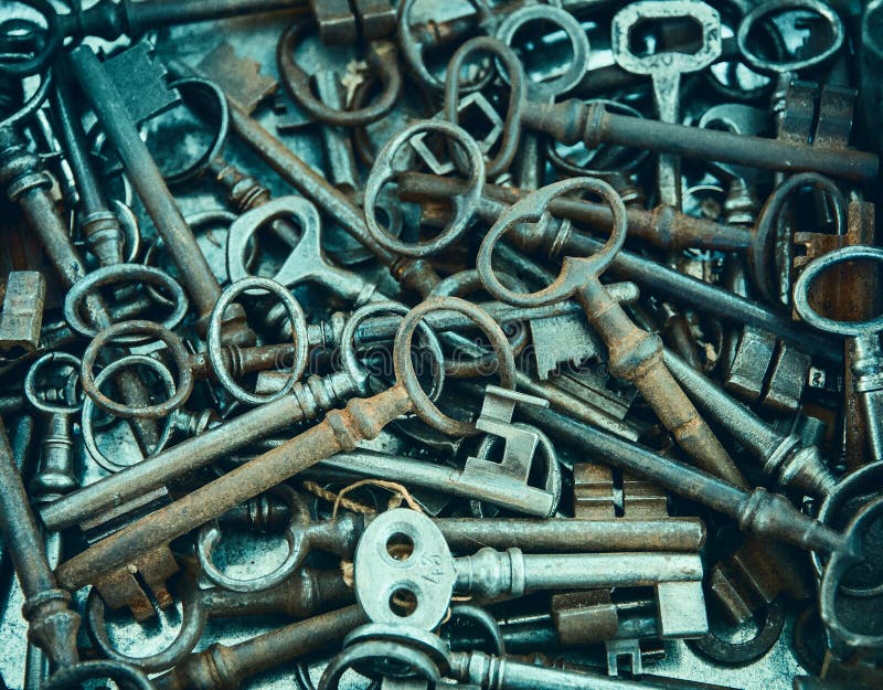 Heap of old, rusty lock key