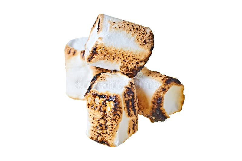 Heap of pieces of fried on barbeque sweet tasty marshmallows cylindrical form isolated on white background