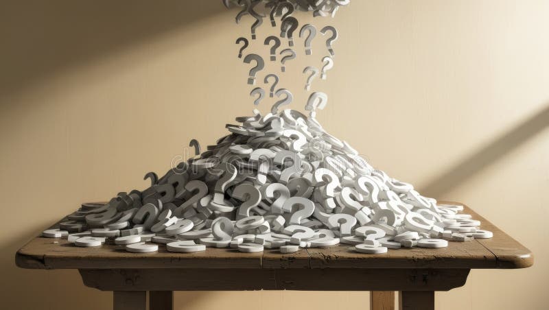 Heap of Question Marks on Table, Concept Representing Confusion, Questions, or Solutions vector illustration