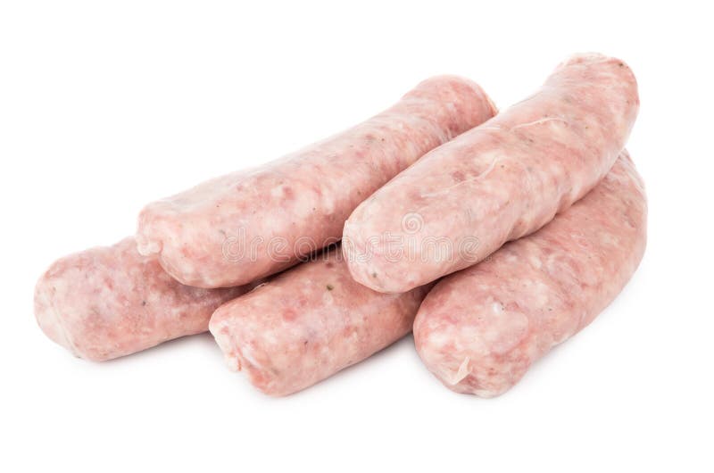 Raw Pork Sausages on Orange Plastic Cutting Board on Table Stock Photo