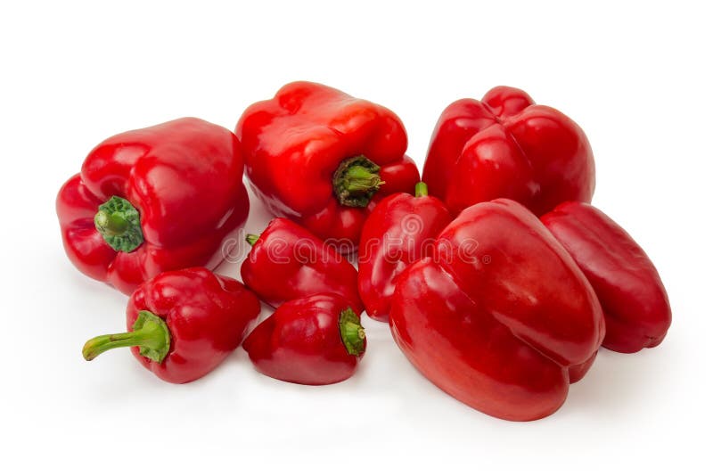 Heap of Red Bell Peppers Different Size on White Background Stock Photo