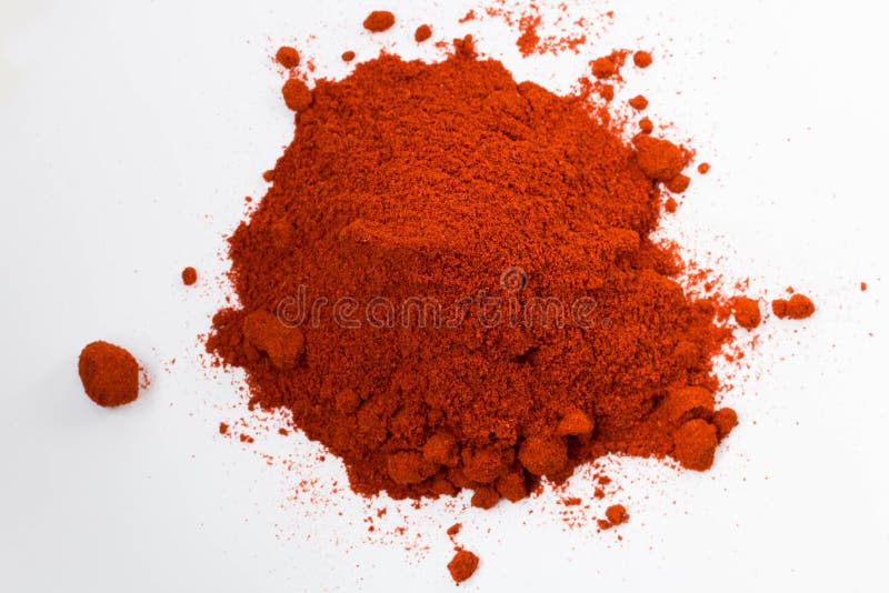 Heap of Red Pepper Powder Isolated on White Background Stock Photo