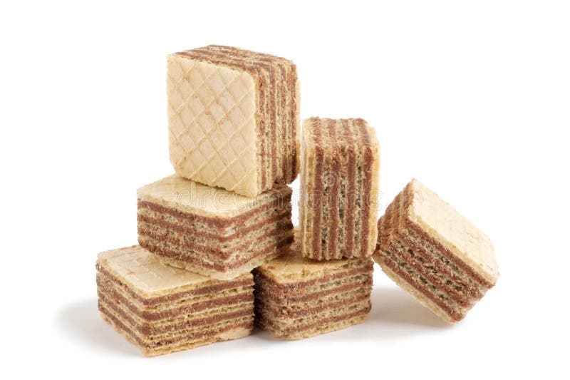 Heap of square wafer biscuits isolated on white