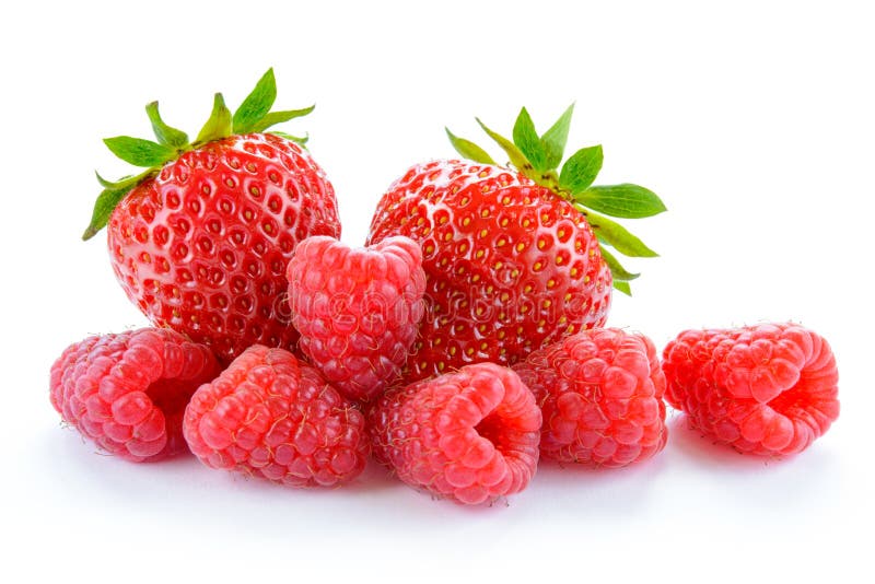 Heap of Sweet Strawberries and Juicy Raspberries Isolated on White Background. Summer Healthy Food Concept