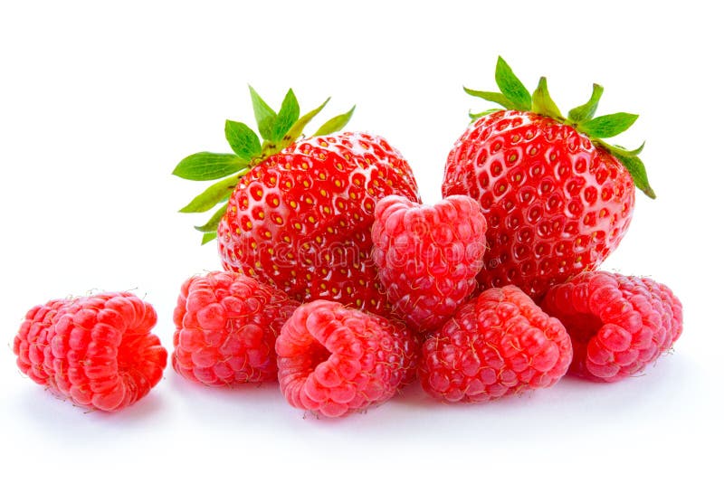 Heap of Sweet Strawberries and Juicy Raspberries on White Background. Summer Healthy Food Concept