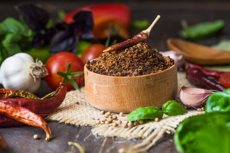 Heaps of Various Ground Spices on Wooden Background. Georgian Spices ...