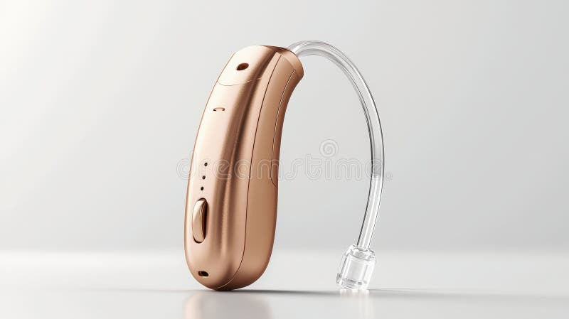 Hearing aid with neutral background. Modern assistive technology and importance of accessibility in health and aging care stock illustration