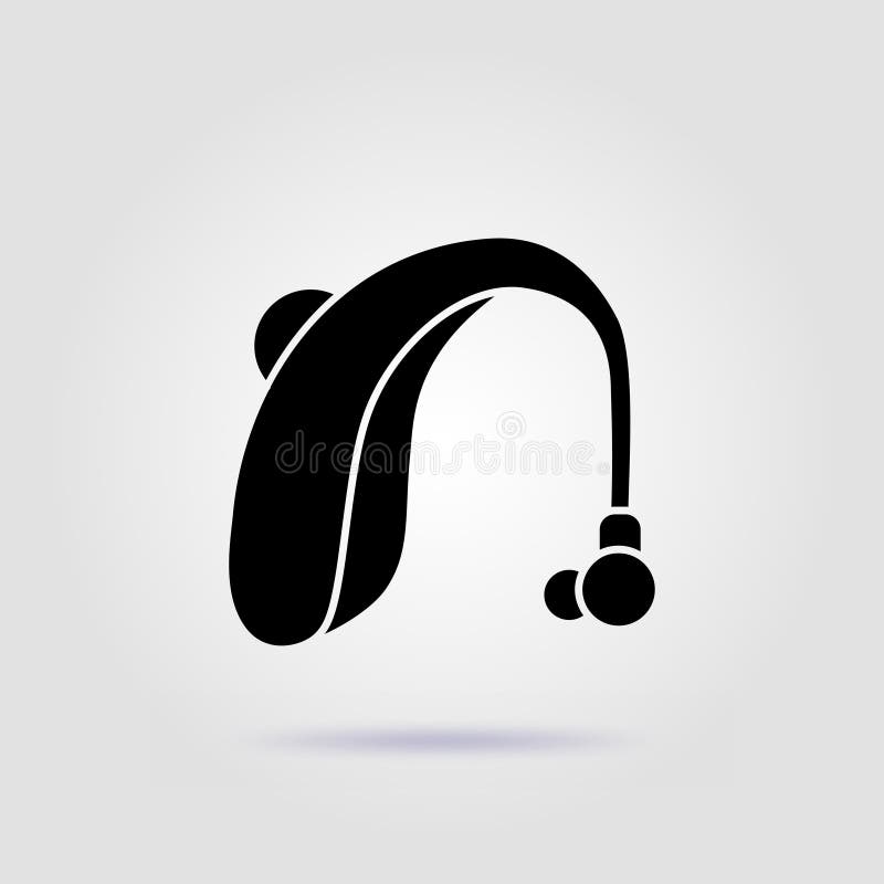 Hearing amplifier black icon on gray background with soft shadow vector illustration