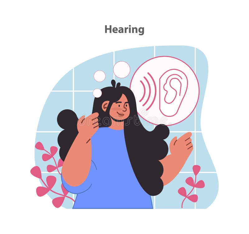 Hearing Illustration. a Joyful Woman Experiences the Beauty of Sound