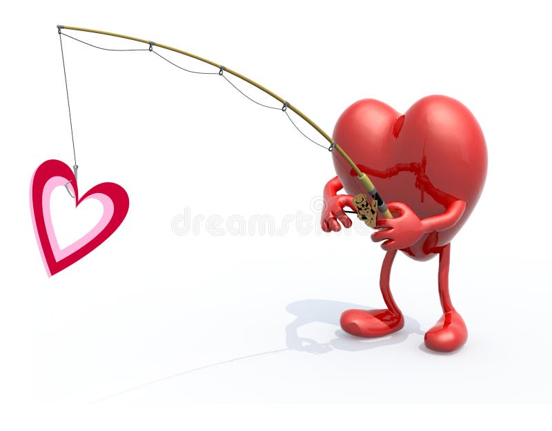 heart with arms, legs, fishing pole on hand fishing a heart symbo