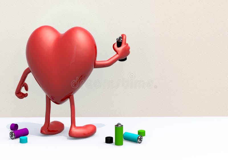 Heart with arms, legs and spray can in hand