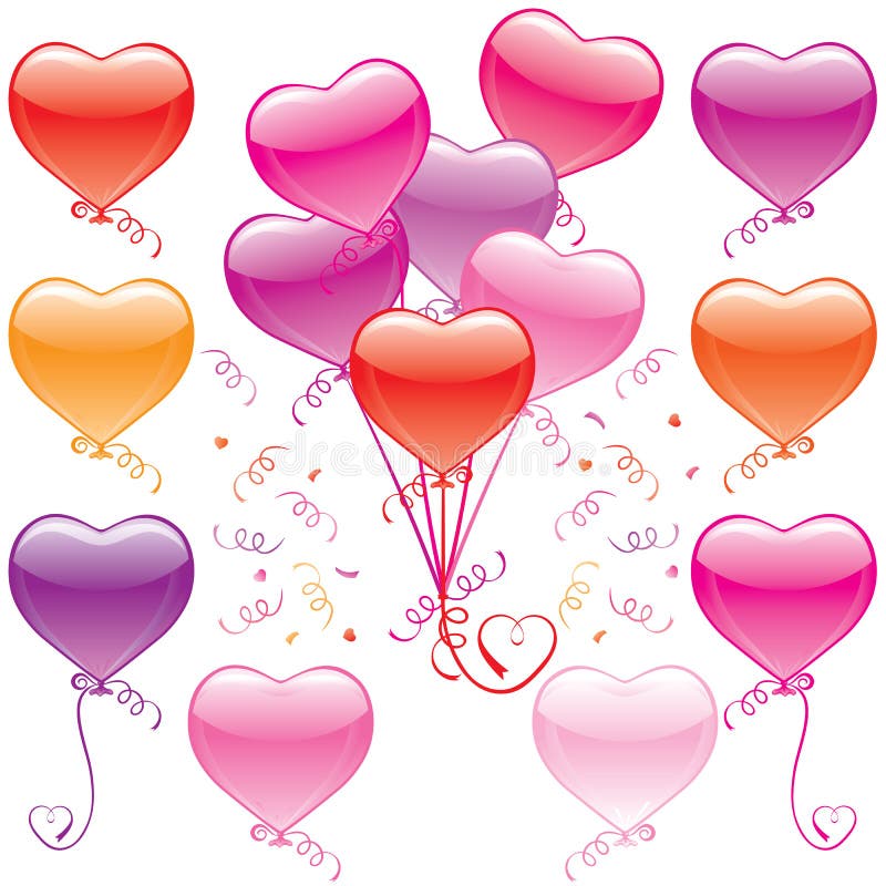 Heart shaped Balloons with curly ribbon. Shaped gift vectors