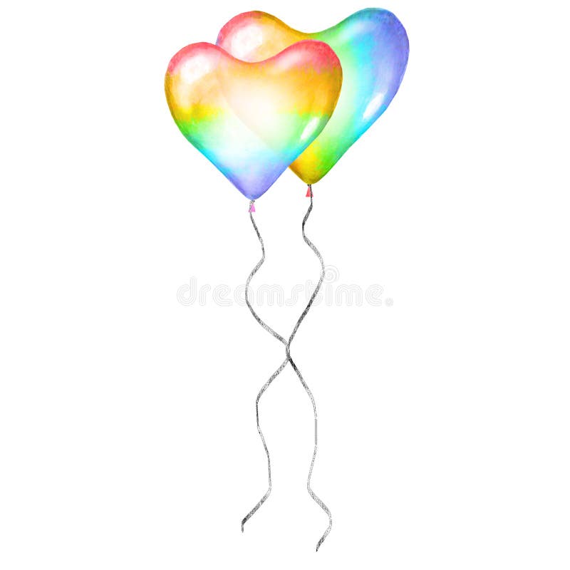 Heart balloons LGBT love romantic icon. Couple rainbow watercolor flying balloons in shape of heart isolated on white background. Watercolour hand drawn conceptual festive poster design illustration