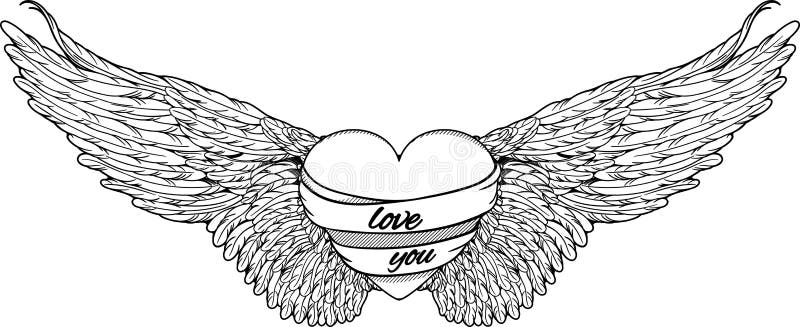 Heart with Big Wings. Black and White Stock Vector - Illustration of ...
