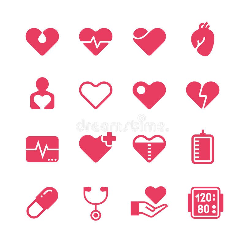 Heart diagnosis and cardiac treatment vector icons. Cardiology red silhouette pictograms royalty free illustration Heart diagnosis and cardiac treatment vector icons. Cardiology red silhouette pictograms royalty free illustration