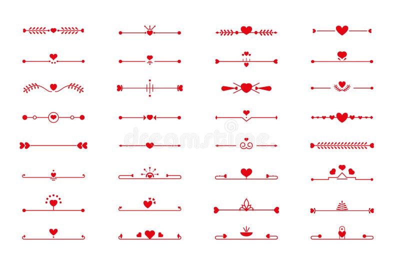Heart divider red line border set vector page text