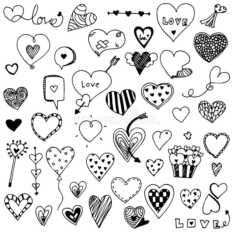 Collection set of hand drawn cute heart doodle Valentine`s