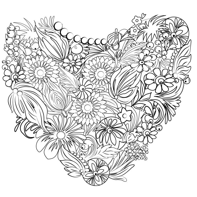 Heart of Drawn Flowers and Leaves for Coloring Book Stock Vector ...