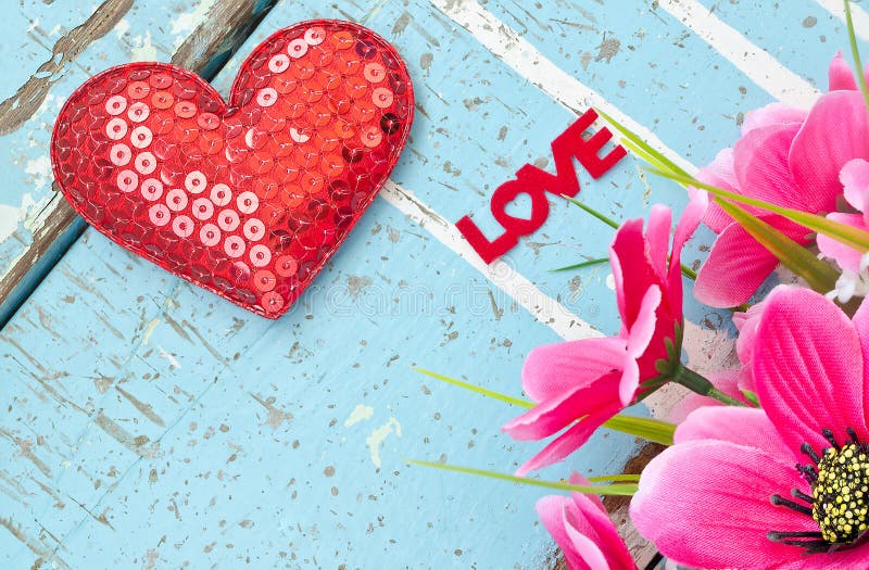 Heart and flower on wooden board, Valentines Day background