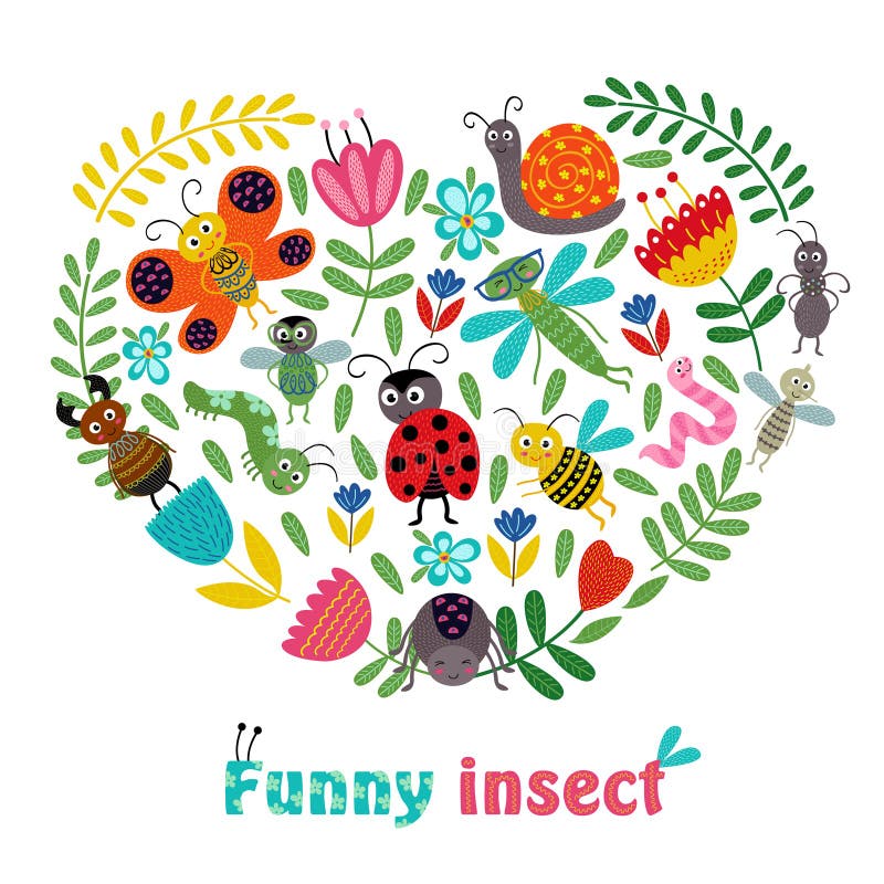 Heart funny insect and plants vector illustration
