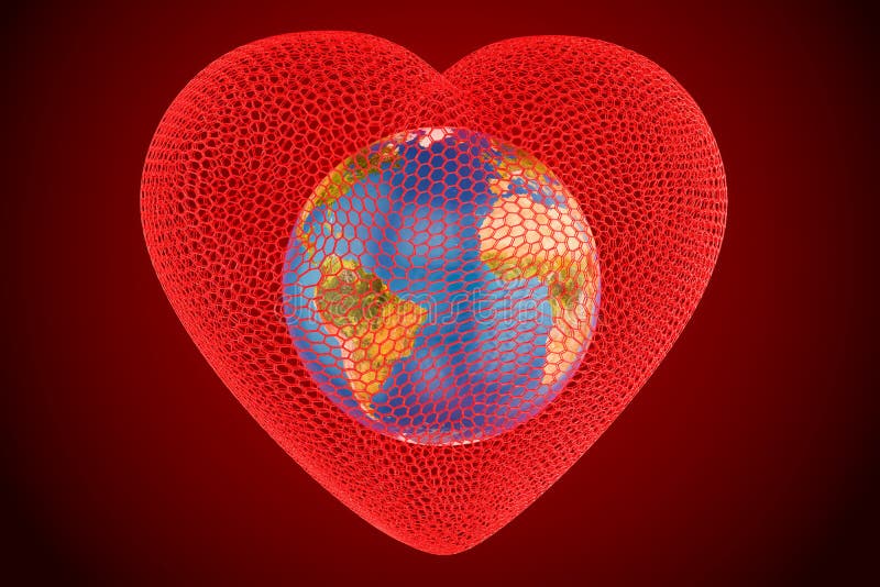 Heart with globe Earth inside concept, 3D.