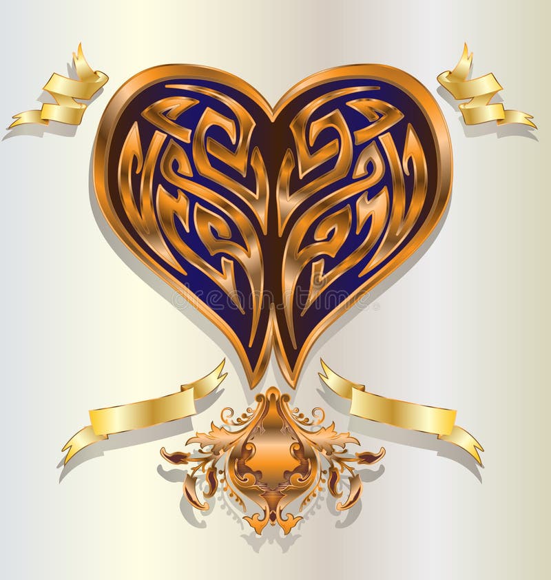 Retro / baroque stylized tribal shaped heart in gold / copper with ribbons / banners. Shaped gift vectors