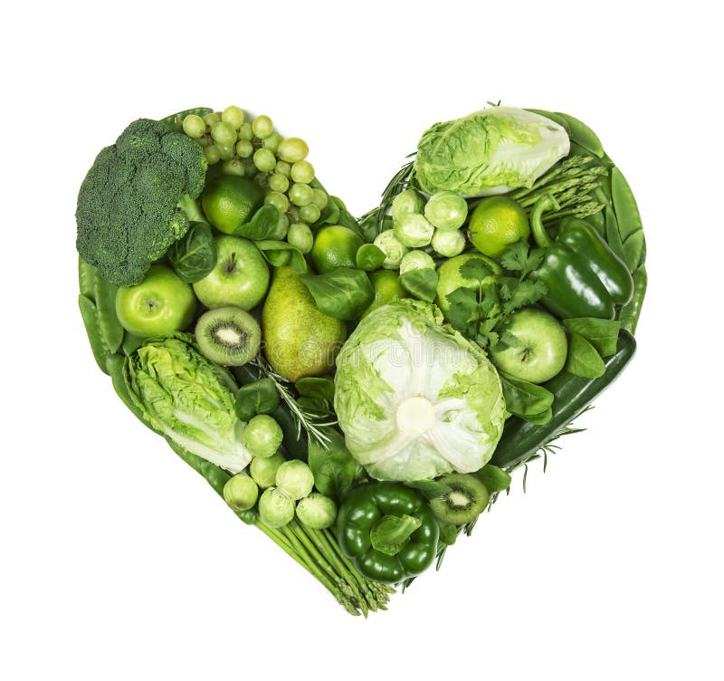 Heart of green fruits and vegetables royalty free stock photo