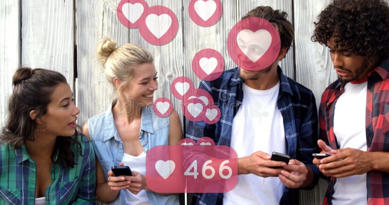 Heart icons with increasing numbers against group of friends using smartphones