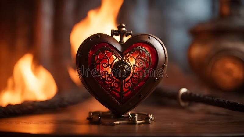 heart of internal fire A steampunk heart on fire. The heart is a magical artifact that is activated by a wooden wand. ai generated