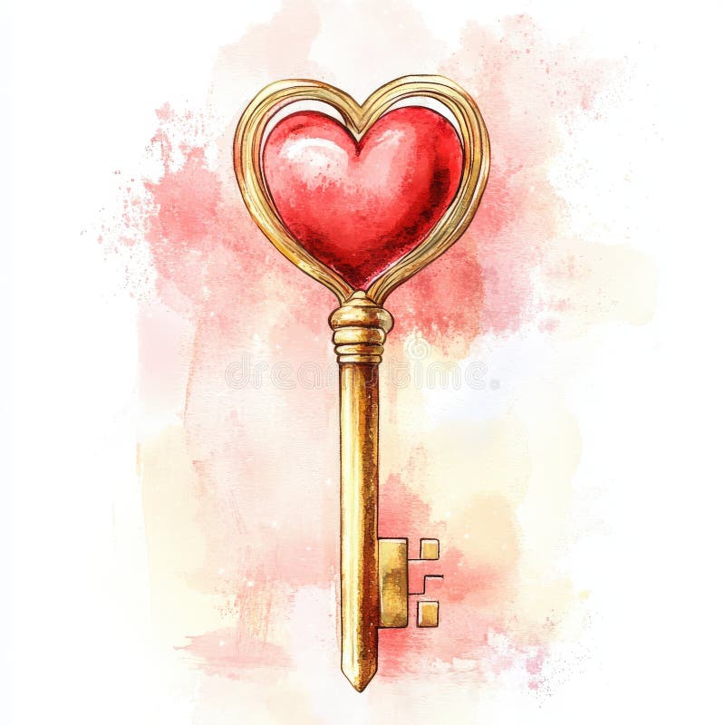 An artistic depiction of a golden key with a heart-shaped top, surrounded by a soft watercolor background in shades of pink. This image symbolizes love and romance, perfect for expressing affection or as a decorative element. Key generative illustrations